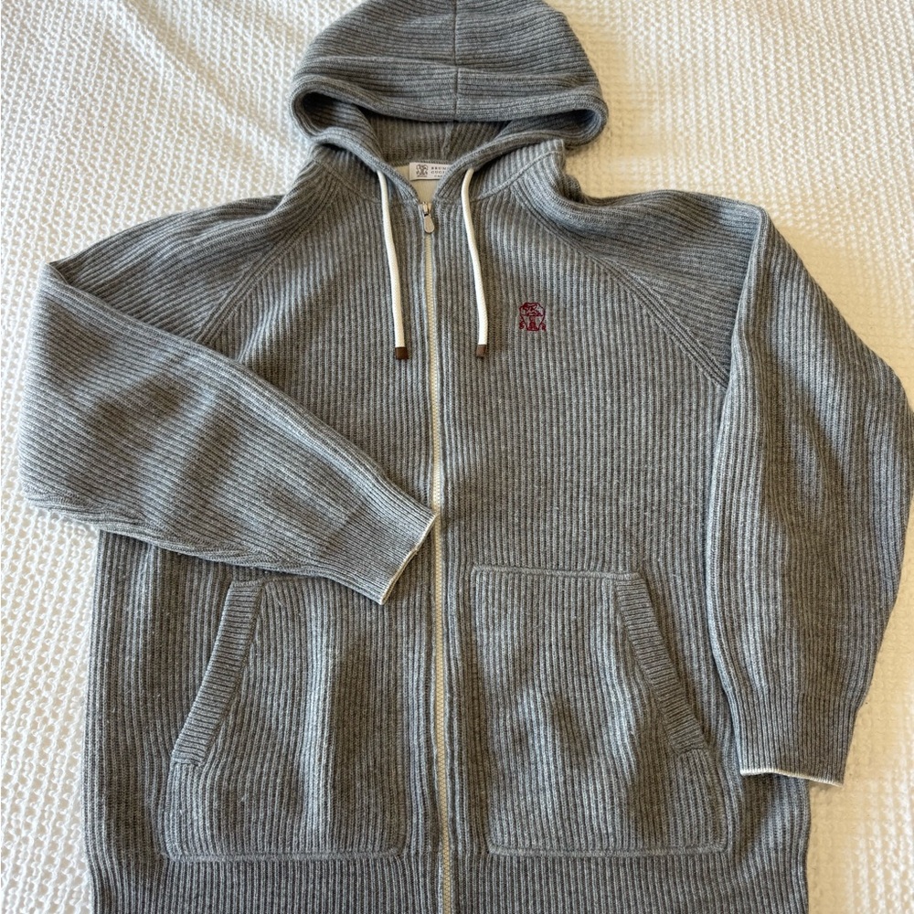 Brunello Cucinelli Grey cashmere Zip-Up Hooded Sweater- Guaranteed Authentic